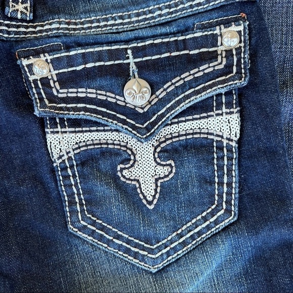 Rock Revival Madison Straight Leg Jean Distressed Denim Sz 27 Flap Pocket Sequin - Picture 11 of 16